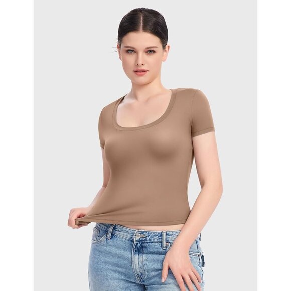 Women Short Sleeve Scoop Neck Crop Top Summer Slim Fit Tee Basic Casual - Picture 3 of 7